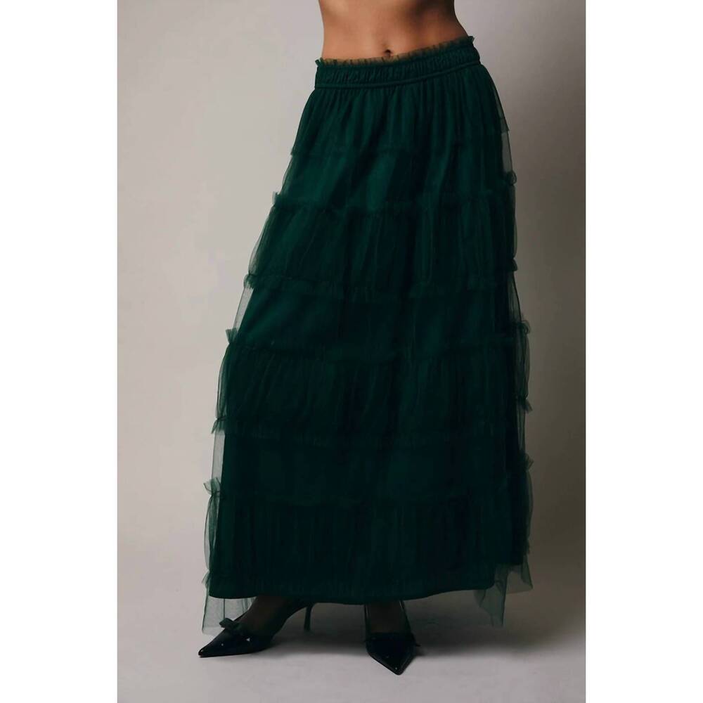 NEW SUNDAY EDITION frilled tiered mesh a-line midi skirt in hunter green